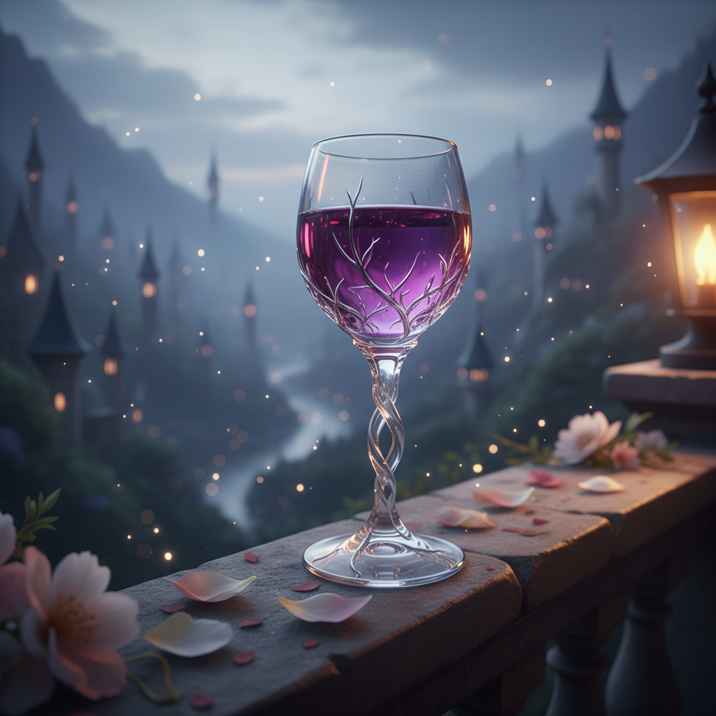 A crystalline goblet filled with a shimmering, deep amethyst elixir stands on a stone balcony railing dusted with fallen flower petals in shades of blush and ivory. Behind it stretches a misty, enchanted valley dotted with faintly glowing towers and floating lights, rendered softly out of focus. The goblet’s stem is twisted like entwined vines, catching silver highlights from the twilight sky, while the liquid within glows subtly from within. Cool blue-purple dusk light mingles with warm lantern glow from an unseen source, creating elegant contrasts and gentle reflections on the glass. Photographic realism with a cinematic, slightly low angle, emphasizing the goblet against the dreamy landscape. The mood is lush, sophisticated, and wistful, suggesting magic-laced romance on the edge of night.