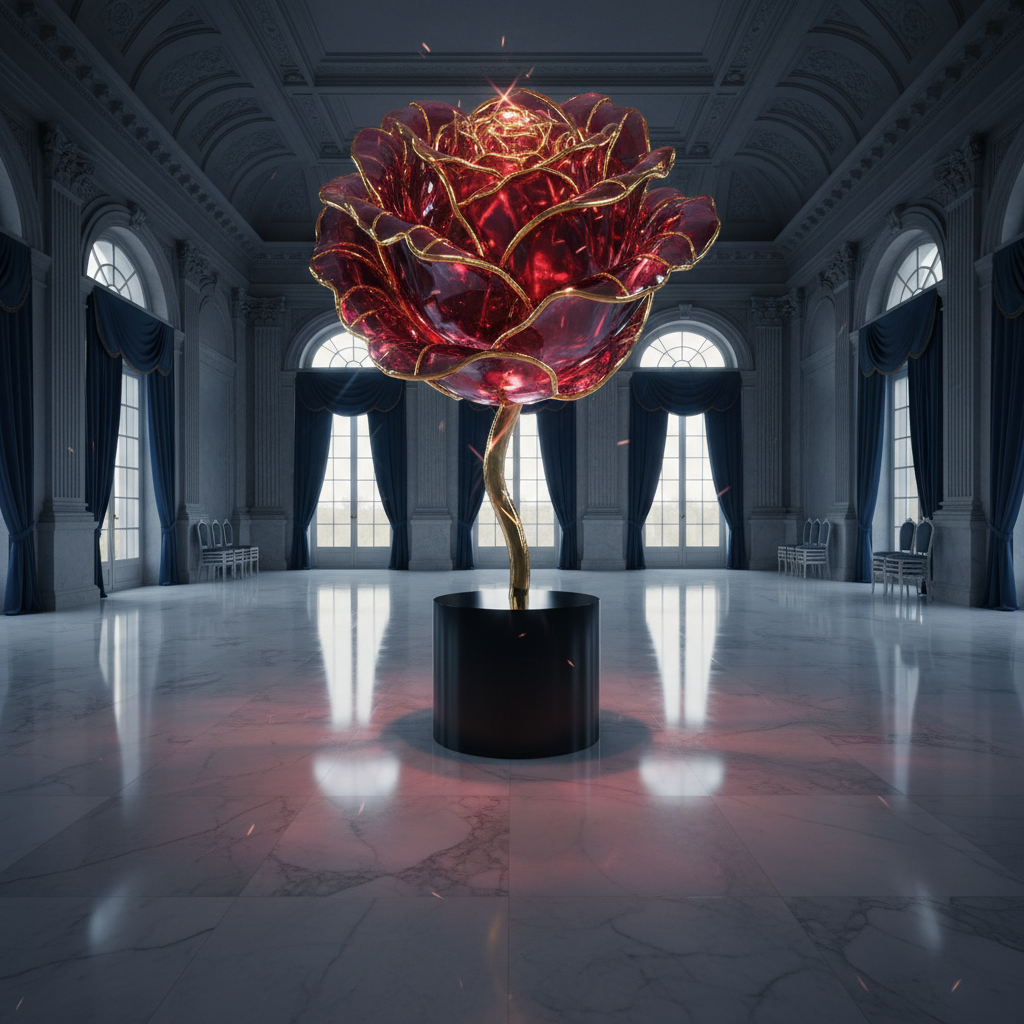 A towering crystal rose, its petals formed from translucent ruby quartz shot through with threads of gold, rises from a pedestal of smooth black stone in the center of a grand, empty ballroom. The polished marble floor reflects the rose like a mirror, while billowing silk draperies in midnight blue frame tall arched windows in the distance. Moonlight streams through the glass, catching facets of the crystal and scattering delicate red and gold flares across the room’s shadowed corners. Photographic realism with a wide-angle, slightly low perspective, emphasizing the lonely grandeur of the space and the impossible beauty of the rose. The mood is hauntingly romantic, opulent, and filled with aching desire, as if the entire hall waits for a love story to begin.