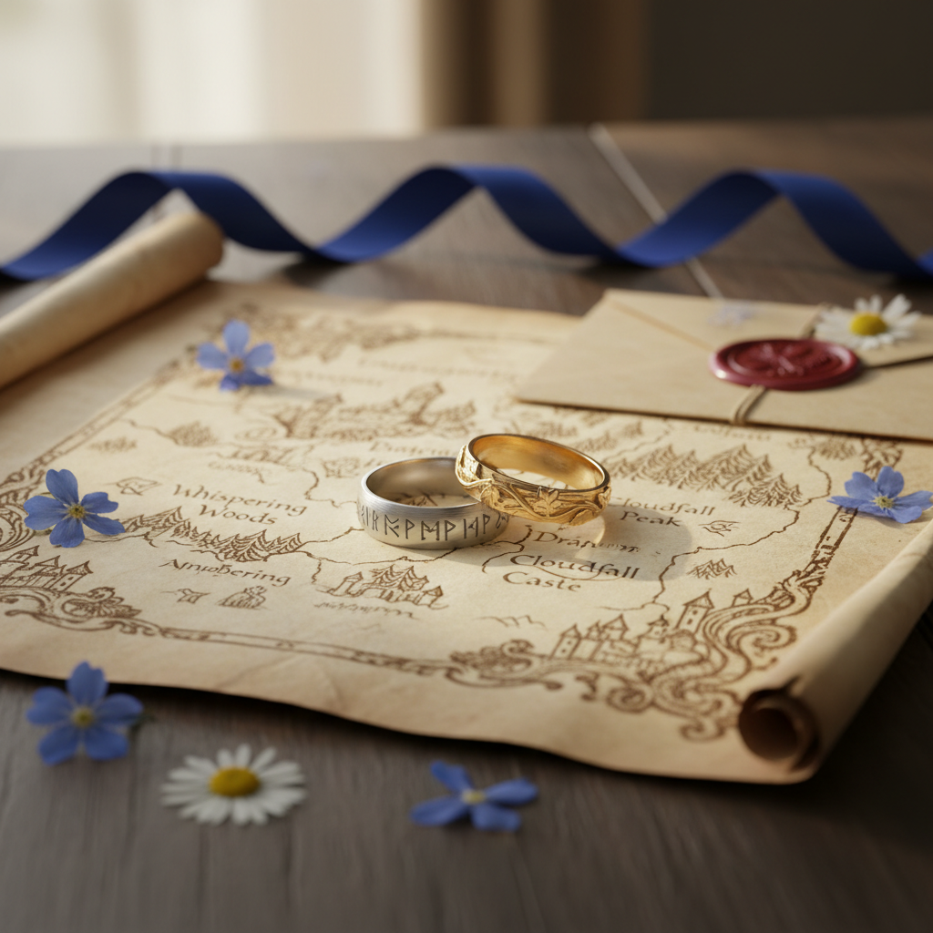 A pair of intricately carved wedding bands, one adorned with tiny runic symbols and the other with delicate ivy leaves, rests upon an open map of a fantastical kingdom spread across a weathered wooden table. The map is illustrated with tiny hand-drawn castles, forests, and dragons along its edges, its parchment surface softly creased. Scattered around are pressed wildflowers, a ribbon of deep sapphire silk, and a small, closed envelope sealed with wax bearing an elaborate crest. Soft morning light filters through an unseen window, creating gentle shadows and picking out the metallic sheen of the rings. Photographic realism, shot at a shallow angle that skims the table’s surface, with selective focus on the bands. The atmosphere feels hopeful, adventurous, and tender, evoking epic journeys intertwined with enduring love.